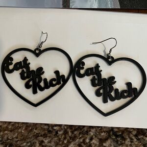 Black Heart Earrings with 'Eat the Rich' Design